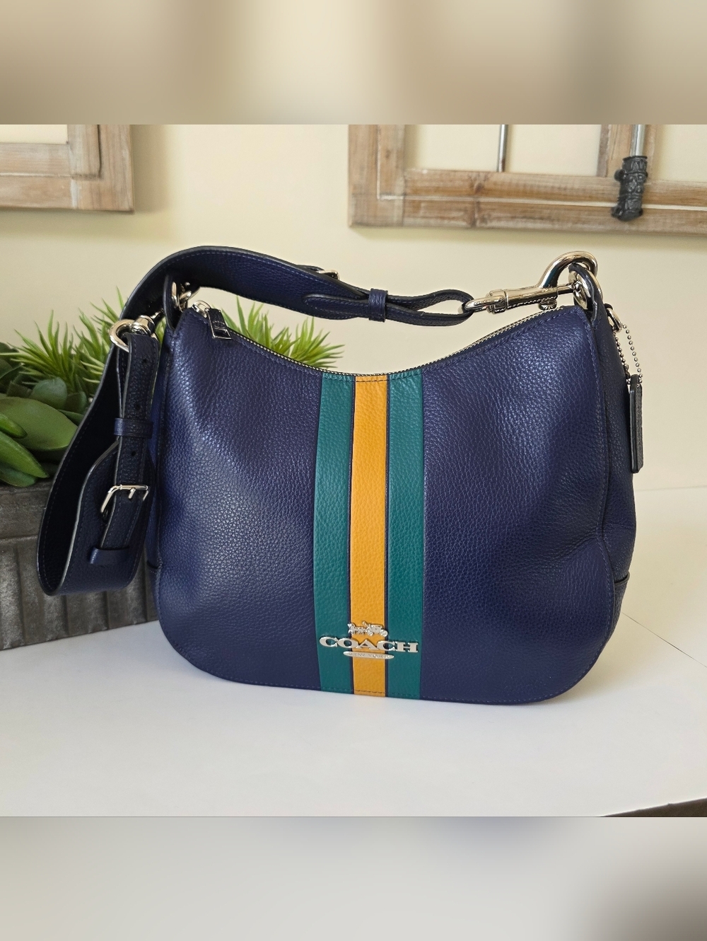 Coach Jes Hobo Cadet Multi Varsity Stripe Pebbled Leather Shoulder Bag - Picture 7 of 14